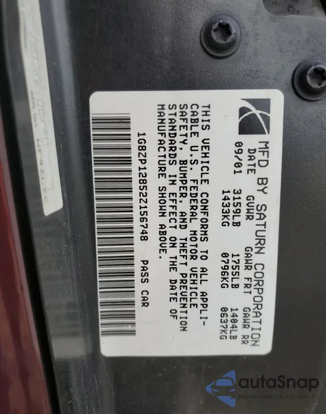 2002 Saturn Sc1 z USA, uszkodzony, nr VIN 1G8ZP12852Z156748